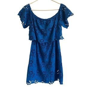 Sugarlips Blue Eyelet Off Shoulder Dress, Size M